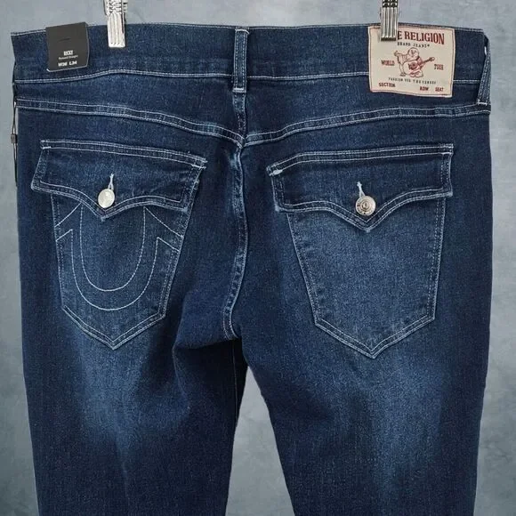 NWT True Religion Jeans Mens Size 36 Ricky Flap SN Relaxed Straight Blue Denim‎